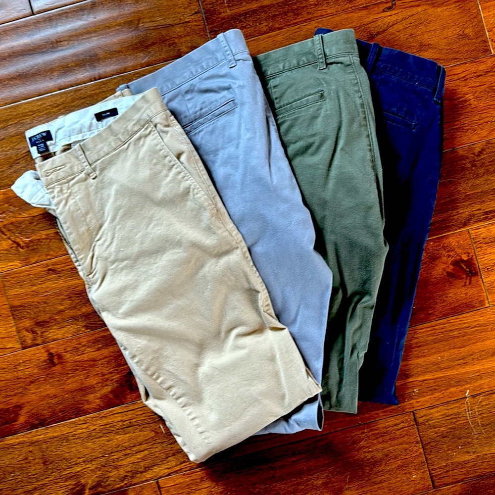 4 32x30 J.Crew slim flex khakis in khaki, olive, navy and gray.